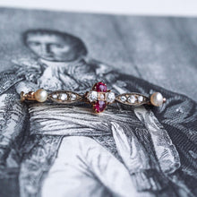 Load image into Gallery viewer, Antique Ruby & Diamond Brooch 14ct Gold with Pearl Accents - c.1900