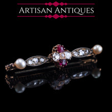 Load image into Gallery viewer, Antique Ruby & Diamond Brooch 14ct Gold with Pearl Accents - c.1900
