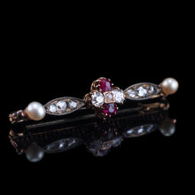 Load image into Gallery viewer, Antique Ruby & Diamond Brooch 14ct Gold with Pearl Accents - c.1900