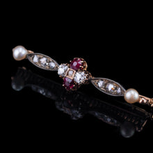 Load image into Gallery viewer, Antique Ruby & Diamond Brooch 14ct Gold with Pearl Accents - c.1900