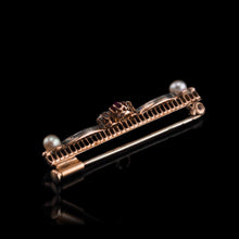 Load image into Gallery viewer, Antique Ruby & Diamond Brooch 14ct Gold with Pearl Accents - c.1900