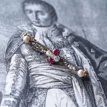 Load image into Gallery viewer, Antique Ruby & Diamond Brooch 14ct Gold with Pearl Accents - c.1900