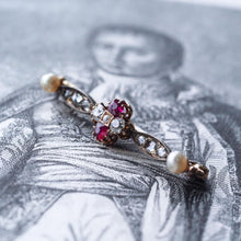 Load image into Gallery viewer, Antique Ruby & Diamond Brooch 14ct Gold with Pearl Accents - c.1900