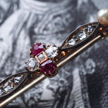 Load image into Gallery viewer, Antique Ruby & Diamond Brooch 14ct Gold with Pearl Accents - c.1900