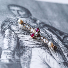 Load image into Gallery viewer, Antique Ruby & Diamond Brooch 14ct Gold with Pearl Accents - c.1900
