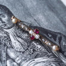 Load image into Gallery viewer, Antique Ruby & Diamond Brooch 14ct Gold with Pearl Accents - c.1900