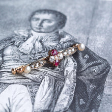 Load image into Gallery viewer, Antique Ruby & Diamond Brooch 14ct Gold with Pearl Accents - c.1900