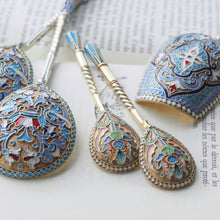Load image into Gallery viewer, Antique Imperial Russian Solid Silver Caddy Spoon Cloisonne Enamel - Gustav Klingert 1891