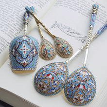Load image into Gallery viewer, Antique Imperial Russian Solid Silver Caddy Spoon Cloisonne Enamel - Gustav Klingert 1891