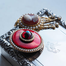Load image into Gallery viewer, Antique Red Enamel Guilloche Brooch/Pendant Garnet, Pearls 14K Gold c.1870