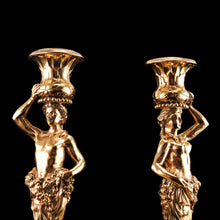Load image into Gallery viewer, Antique Solid Silver Gilt Candlesticks Figural/Caryatid Design - J.C. Klinkosch c.1870