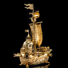 Load image into Gallery viewer, Antique Solid Silver Gilt Nef Ship Centrepiece with Mythological Figures & English Royal Coat of Arms - c.1890