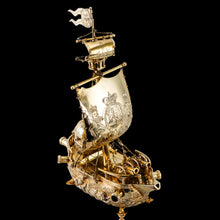 Load image into Gallery viewer, Antique Solid Silver Gilt Nef Ship Centrepiece with Mythological Figures & English Royal Coat of Arms - c.1890