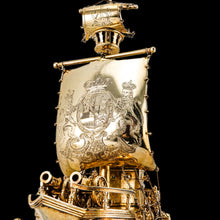 Load image into Gallery viewer, Antique Solid Silver Gilt Nef Ship Centrepiece with Mythological Figures & English Royal Coat of Arms - c.1890