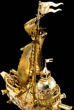 Load image into Gallery viewer, Antique Solid Silver Gilt Nef Ship Centrepiece with Mythological Figures & English Royal Coat of Arms - c.1890