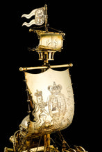 Load image into Gallery viewer, Antique Solid Silver Gilt Nef Ship Centrepiece with Mythological Figures & English Royal Coat of Arms - c.1890