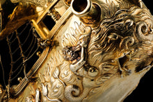 Load image into Gallery viewer, Antique Solid Silver Gilt Nef Ship Centrepiece with Mythological Figures & English Royal Coat of Arms - c.1890