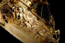 Load image into Gallery viewer, Antique Solid Silver Gilt Nef Ship Centrepiece with Mythological Figures & English Royal Coat of Arms - c.1890