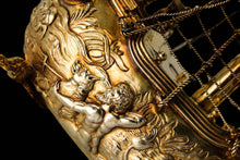 Load image into Gallery viewer, Antique Solid Silver Gilt Nef Ship Centrepiece with Mythological Figures & English Royal Coat of Arms - c.1890