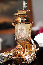 Load image into Gallery viewer, Antique Solid Silver Gilt Nef Ship Centrepiece with Mythological Figures & English Royal Coat of Arms - c.1890