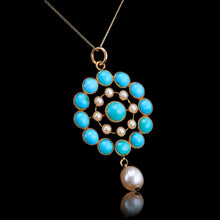 Load image into Gallery viewer, Antique Victorian 15ct Gold Turquoise and Pearl Pendant Necklace - c.1900