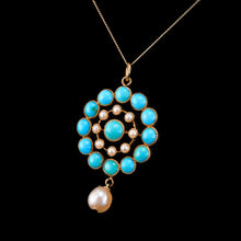 Load image into Gallery viewer, Antique Victorian 15ct Gold Turquoise and Pearl Pendant Necklace - c.1900