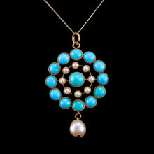 Load image into Gallery viewer, Antique Victorian 15ct Gold Turquoise and Pearl Pendant Necklace - c.1900