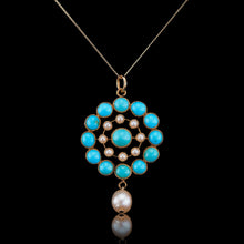 Load image into Gallery viewer, Antique Victorian 15ct Gold Turquoise and Pearl Pendant Necklace - c.1900