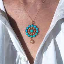 Load image into Gallery viewer, Antique Victorian 15ct Gold Turquoise and Pearl Pendant Necklace - c.1900