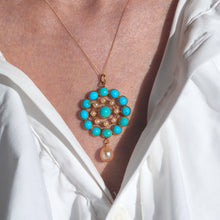 Load image into Gallery viewer, Antique Victorian 15ct Gold Turquoise and Pearl Pendant Necklace - c.1900