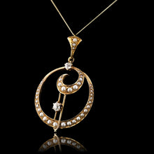 Load image into Gallery viewer, Antique Diamond and Pearl Pendant Necklace 14K Gold Double Crescent Moon c.1900