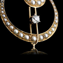 Load image into Gallery viewer, Antique Diamond and Pearl Pendant Necklace 14K Gold Double Crescent Moon c.1900