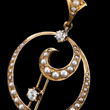 Load image into Gallery viewer, Antique Diamond and Pearl Pendant Necklace 14K Gold Double Crescent Moon c.1900