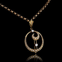 Load image into Gallery viewer, Antique Diamond and Pearl Pendant Necklace 14K Gold Double Crescent Moon c.1900