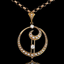 Load image into Gallery viewer, Antique Diamond and Pearl Pendant Necklace 14K Gold Double Crescent Moon c.1900