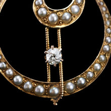 Load image into Gallery viewer, Antique Diamond and Pearl Pendant Necklace 14K Gold Double Crescent Moon c.1900