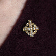 Load image into Gallery viewer, Antique Diamond and Pearl Cross Brooch/Pendant 15K Gold c.1880