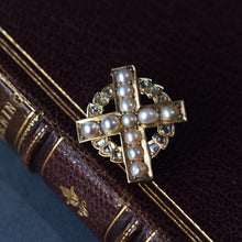 Load image into Gallery viewer, Antique Diamond and Pearl Cross Brooch/Pendant 15K Gold c.1880