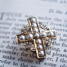 Load image into Gallery viewer, Antique Diamond and Pearl Cross Brooch/Pendant 15K Gold c.1880