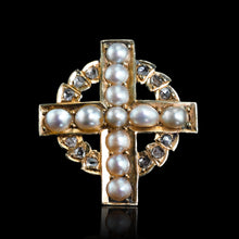 Load image into Gallery viewer, Antique Diamond and Pearl Cross Brooch/Pendant 15K Gold c.1880