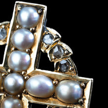 Load image into Gallery viewer, Antique Diamond and Pearl Cross Brooch/Pendant 15K Gold c.1880
