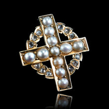 Load image into Gallery viewer, Antique Diamond and Pearl Cross Brooch/Pendant 15K Gold c.1880