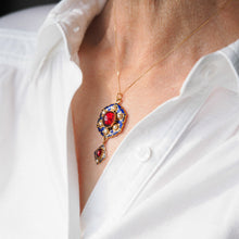 Load image into Gallery viewer, Antique Victorian Holbeinesque Pendant Necklace Garnets Pearls 18K Gold - c.1857