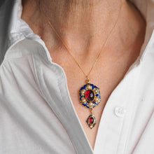 Load image into Gallery viewer, Antique Victorian Holbeinesque Pendant Necklace Garnets Pearls 18K Gold - c.1857