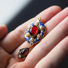 Load image into Gallery viewer, Antique Victorian Holbeinesque Pendant Necklace Garnets Pearls 18K Gold - c.1857