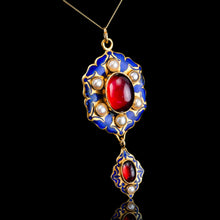 Load image into Gallery viewer, Antique Victorian Holbeinesque Pendant Necklace Garnets Pearls 18K Gold - c.1857