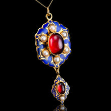 Load image into Gallery viewer, Antique Victorian Holbeinesque Pendant Necklace Garnets Pearls 18K Gold - c.1857