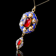Load image into Gallery viewer, Antique Victorian Holbeinesque Pendant Necklace Garnets Pearls 18K Gold - c.1857