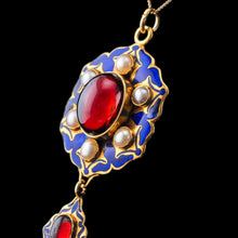 Load image into Gallery viewer, Antique Victorian Holbeinesque Pendant Necklace Garnets Pearls 18K Gold - c.1857