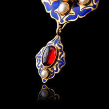 Load image into Gallery viewer, Antique Victorian Holbeinesque Pendant Necklace Garnets Pearls 18K Gold - c.1857